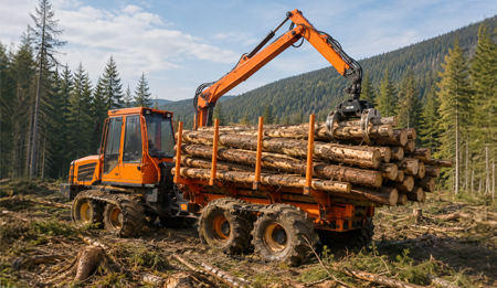 Tracteur forestier équipé d'une grue de chargement