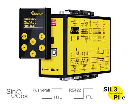 Two SinCos, incremental measuring systems, sensors: SinCos/incremental inputs: 2, Safe relay outputs: 1, Safe digital inputs: 4/2, Safe digital outputs: 8/4 Diagnostic OLED display, safe inputs/outputs