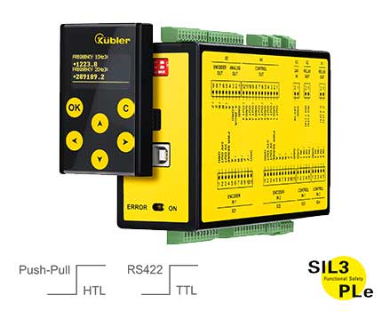 Two incremental measuring systems, sensors: Incremental/sensor inputs: 2, Safe relay outputs: 2, Safe digital inputs: 8/4, Safe digital outputs: 8/4 Diagnostic OLED display, safe inputs/outputs The Speed Monitor is connectable to the controllers. Zero-